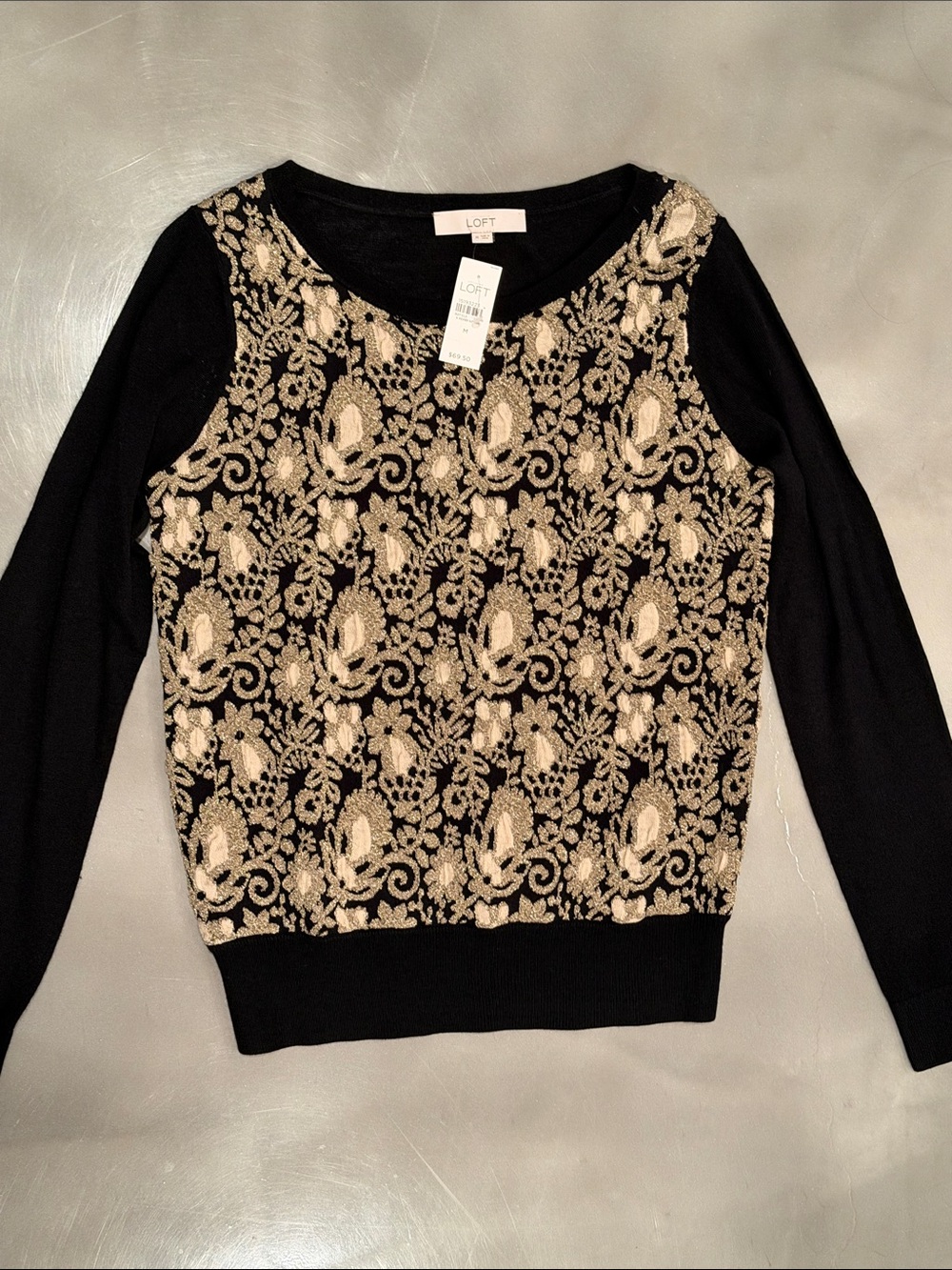 LOFT Black Top with Gold Lace Applique